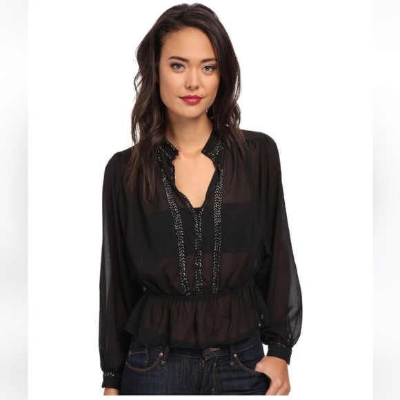 FREE PEOPLE Women's Chiffon Ruffle Sheer Boho Crew Neck Elastic Waist Sz M - Picture 1 of 5